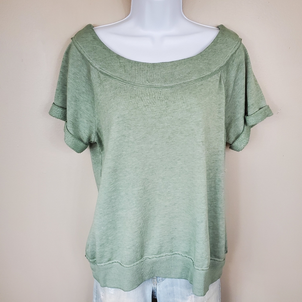 Maurices Sage Green Boat Neck Short Sleeve Sweatshirt with Cuffed Sleeves